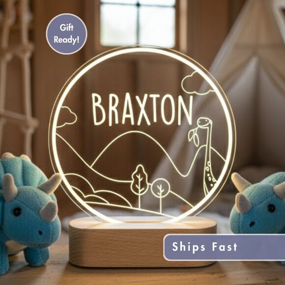 Personalized Dinosaur LED Light | Minimalist Kids Room Name Sign - Picture 1 of 8